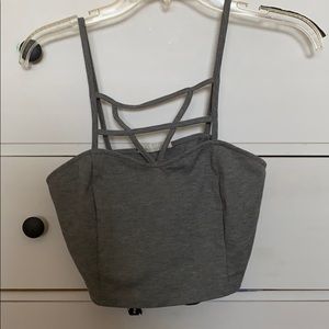 Gray spaghetti strap crop top front cross design